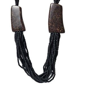 Handcrafted Black Beaded Necklace Chunky Brown Stone Accents Multi Strand Women